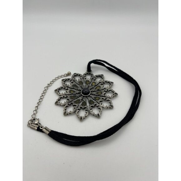 Circle Pendant 3" Silver Tone Pierced Designs Glass Center Black Cord - Picture 3 of 9